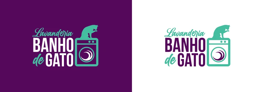 Logo Lavanderia Banho de Gato — versões fundo roxo e fundo branco